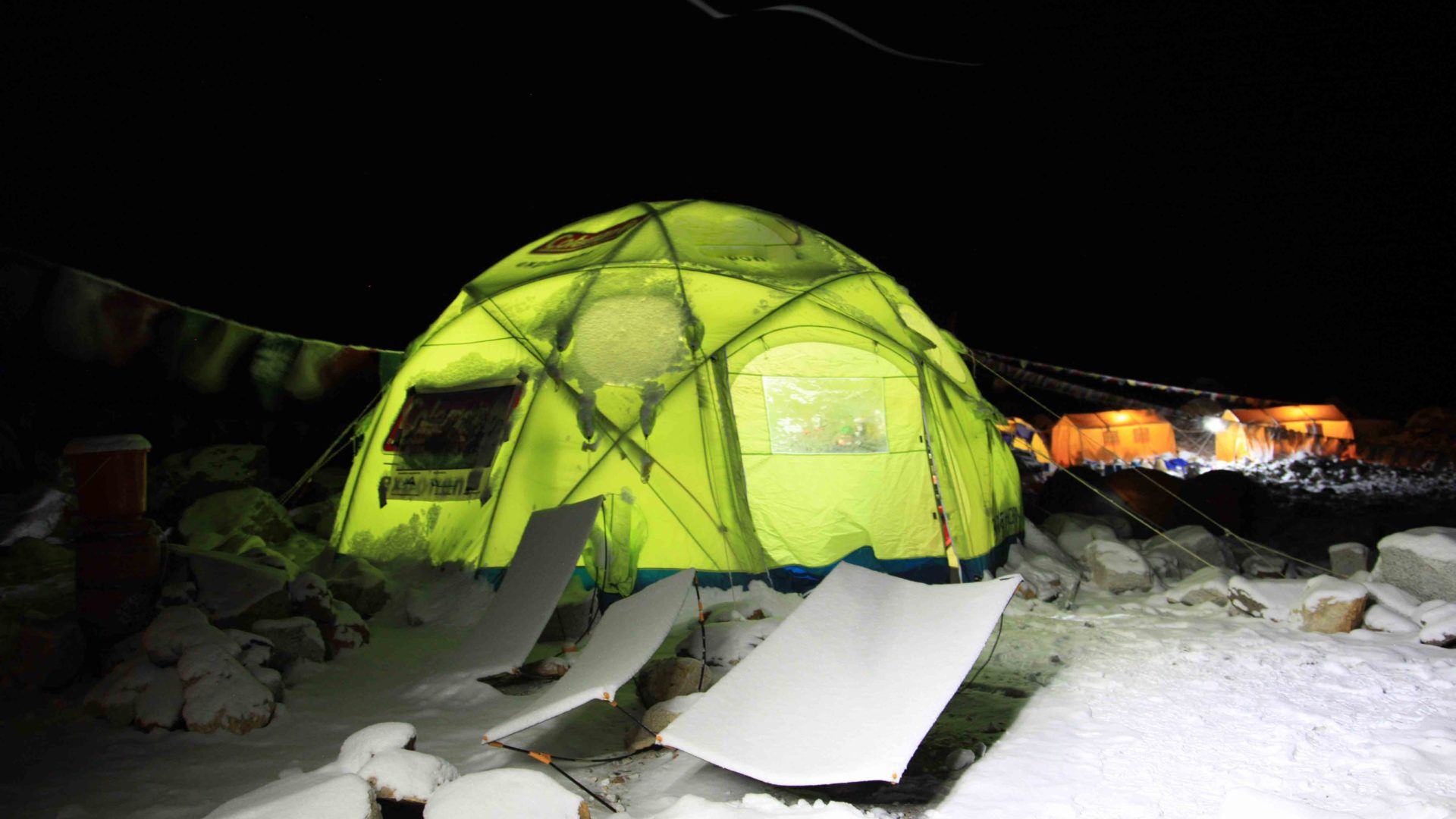 Mike Horn and Fred Roux's mess tent at Makalu Advanced base camp Mike Horn and Fred Roux's mess tent at Makalu Advanced base camp